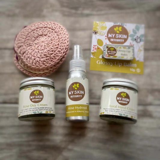 Floral Gift Set: Organic Bamboo Face Scrubbie, Glossy Lip Balm, Rose Day Cream, Rose Hydrosol, Floral Hand Cream