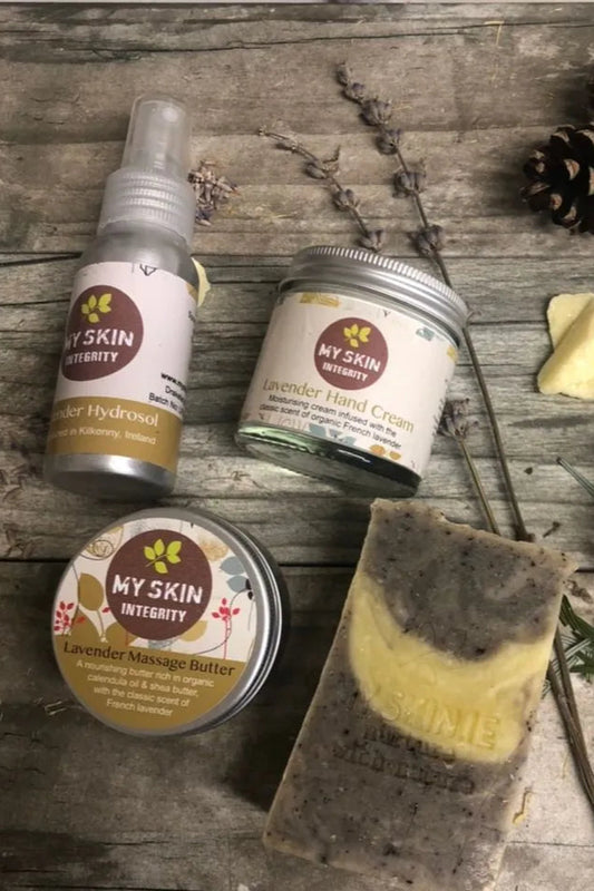 Lavender Gift Set: Lavender Hydrosol, Lavender Hand Cream, Lavender Massage Butter, Organic Lavender Soap