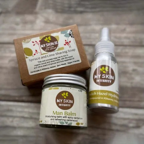 Men's Organic Skincare Gift Set: Spruce and Lime Shaving Soap, Witch Hazel Hydrosol and Man Balm